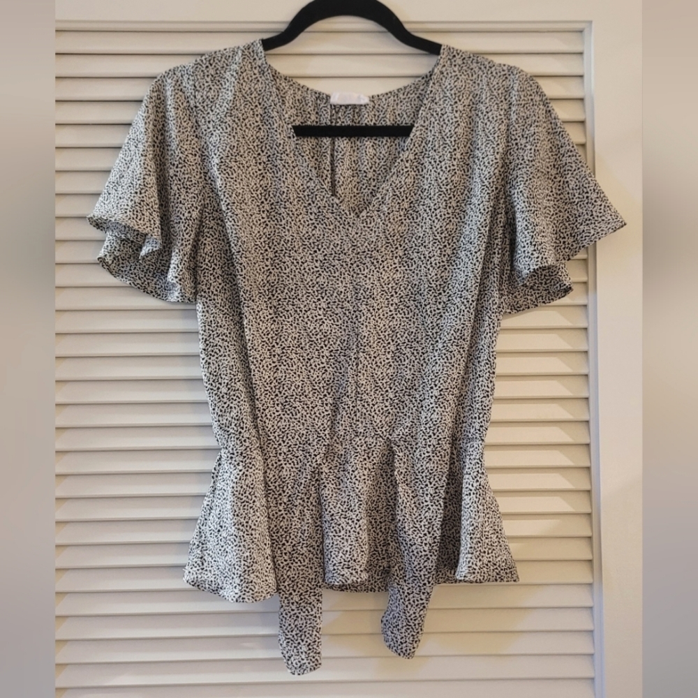 Sienna Sky- Black & White Speckle Lightweight Ruffle Short-Sleeve Top With Tie